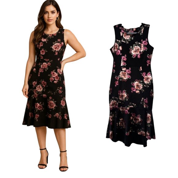 BEBE‎ BLACK FLORAL MIDI/LONG DRESS SIZE 12 EUC - Picture 1 of 5